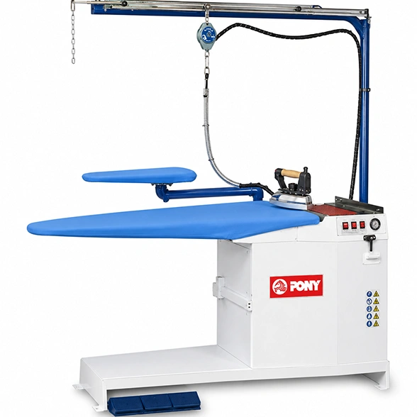 Pony Genus-S vacuum and blowing ironing table showing full table with adjustable board, swinging arm, steam iron assembly, and Pony branded cabinet