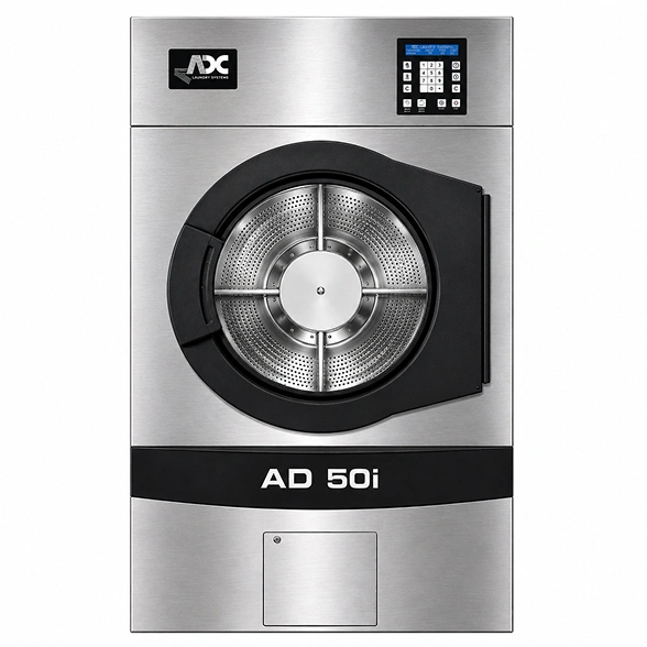 ADC AD-50i OPL dryer showing 27-inch door opening, stainless steel reversing basket, and IMC control panel, 50 lb industrial laundry dryer