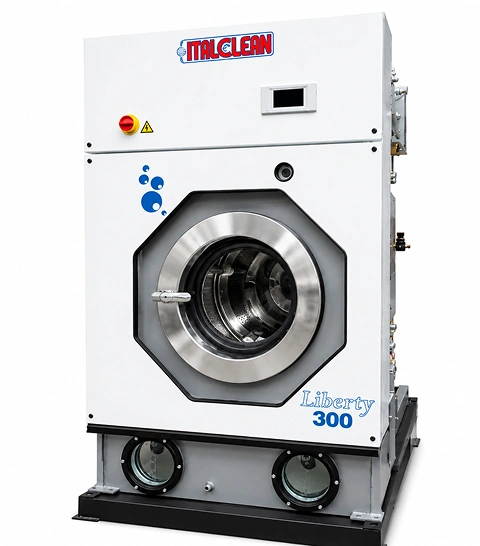 Italclean Liberty 200 multisolvent dry cleaning machine front three-quarter view showing grey cabinet, octagonal drum door, and exposed side pipework
