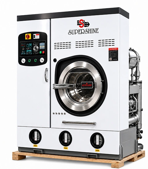 Supershine SDC-P/6 PERC dry cleaning machine front view showing blue drum door, white cabinet, and control panel