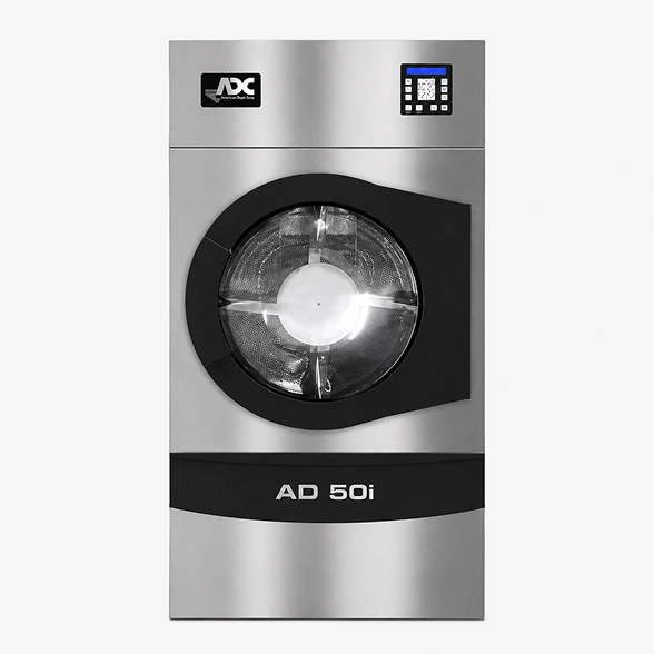 ADC AD-120i OPL dryer showing large door opening, reversing basket, and IMC control system, 120 lb industrial laundry dryer