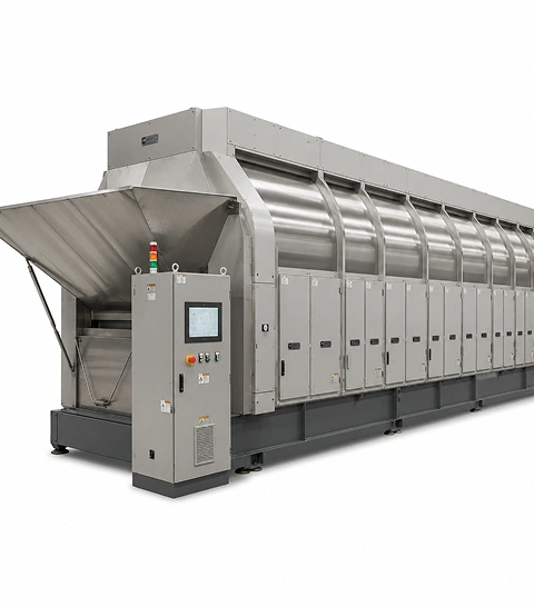 Image XPW-90 X-Power large-capacity continuous batch washer front three-quarter view with wide drum body, loading funnel, and control cabinet