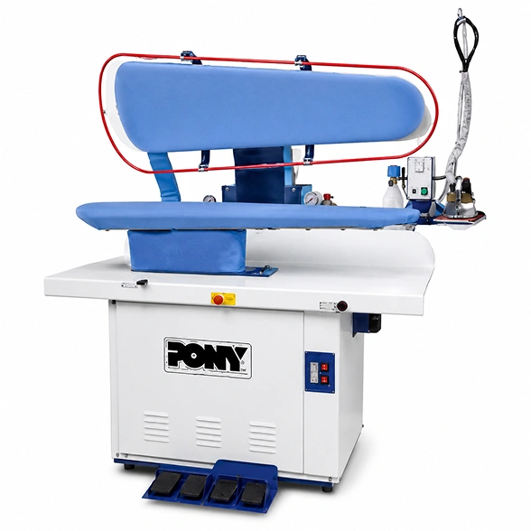 Pony CP/U Colox Press showing full machine with raised steaming head, blue padded universal-shaped buck, steam arm, and foot pedal controls