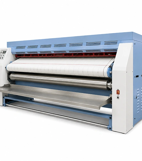 Image IRP-24x120 professional flatwork ironer front view showing wider cylinder body, full ironing belt surface, and exhaust canopy