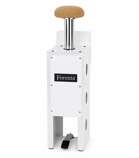 Forenta 7PS single puff iron  with single steam buck on white cabinet base,  foot pedal control, front view