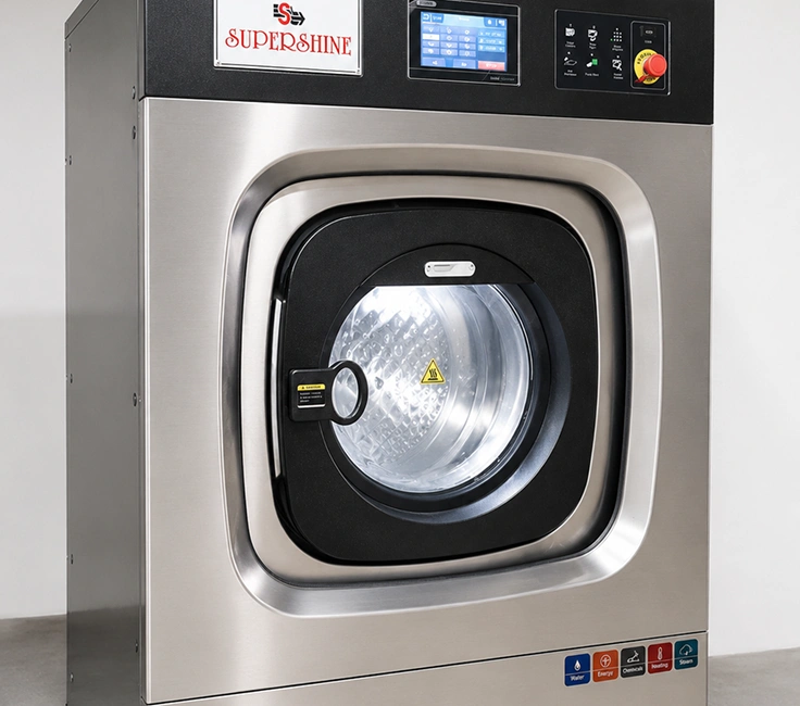 Supershine branded hardmount washer extractor with touchscreen control panel installed at Damodar Dham guest house Nathdwara Rajasthan