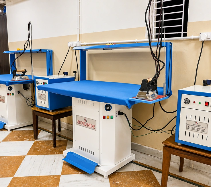 Supershine vacuum ironing tables and steam iron stations at Damodar Dham guest house laundry facility Nathdwara Rajasthan